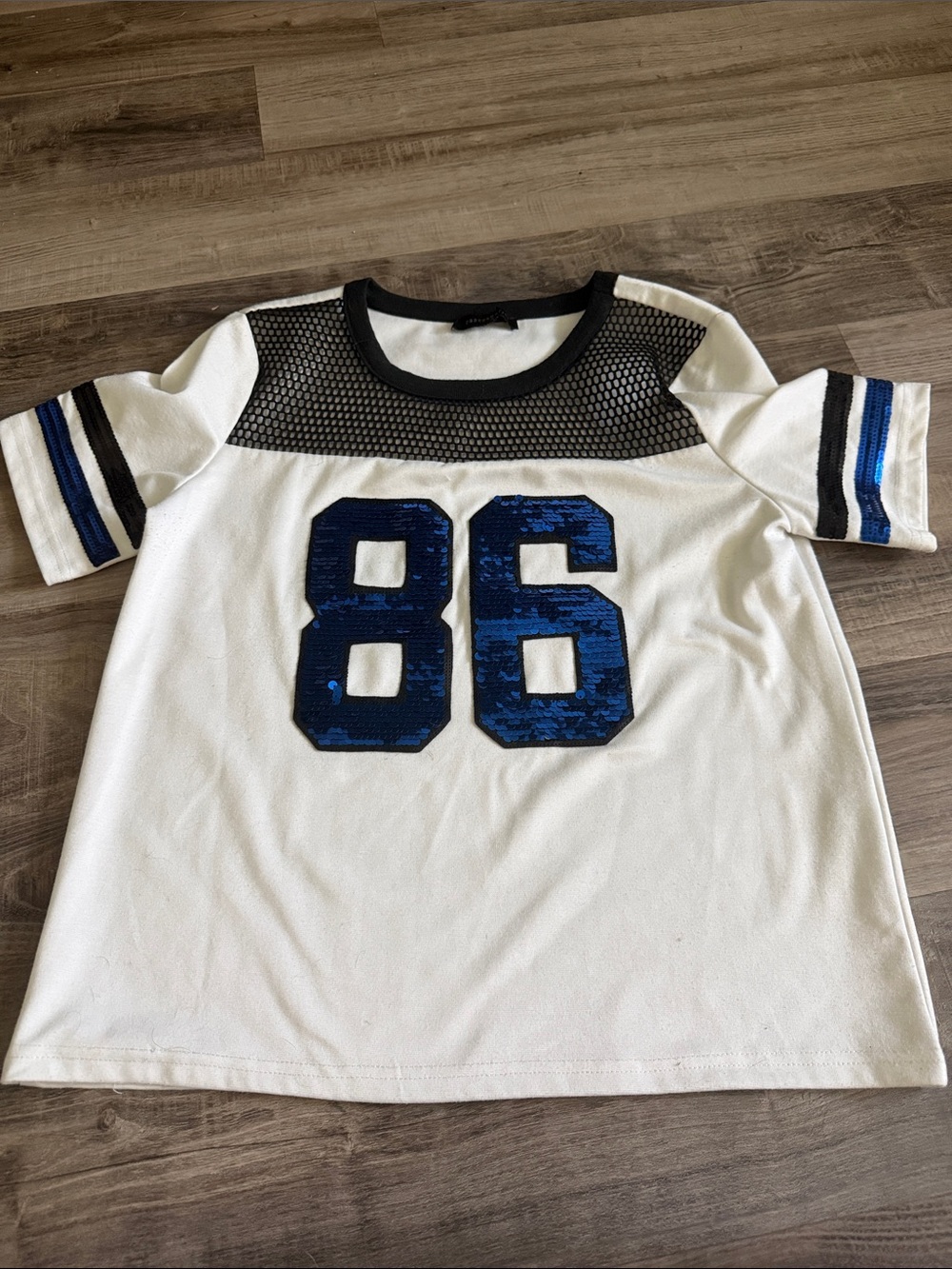 White & Blue Sequin '86' Short Sleeve Top